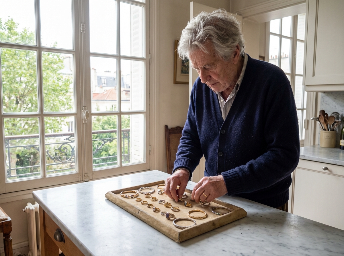 Homme arrangeant des bijoux dans sa cuisine lumineuse