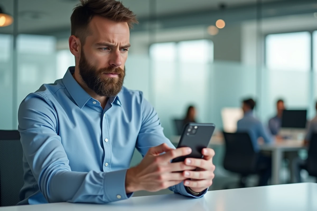 Homme en bureau résolvant un problème de navigation sur l'application Gozmap depuis son smartphone