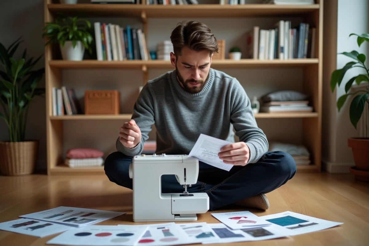 Jeune homme lisant le manuel d'une machine à coudre mécanique pour comparer les modèles disponibles