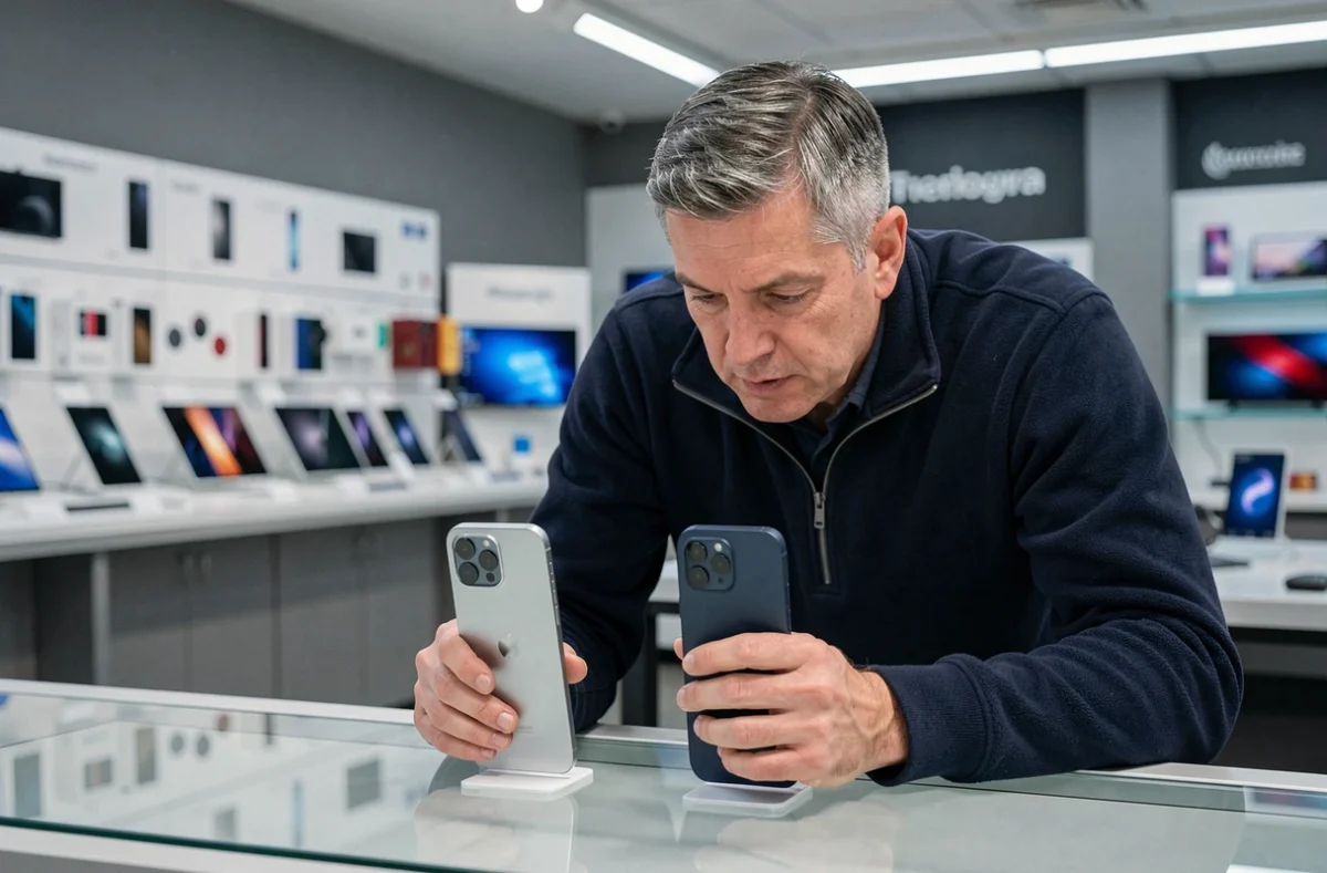 Homme comparant deux smartphones dans un magasin d'électronique, test et avis meilleurs téléphones