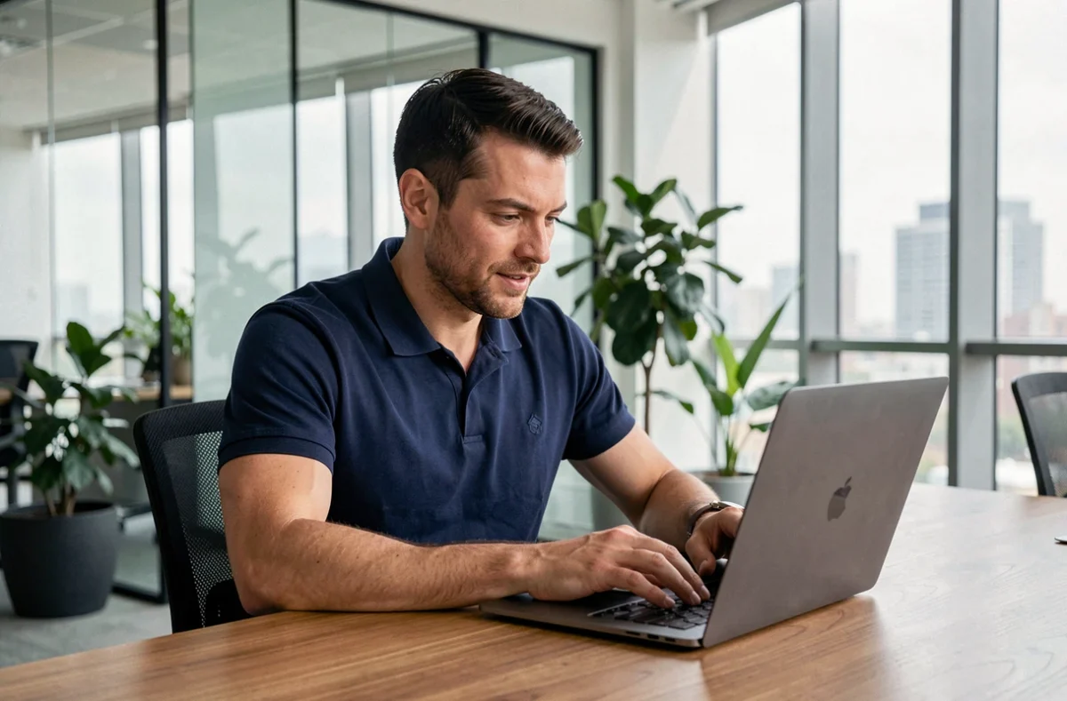 Homme consultant les nouveautés et mises à jour sur une plateforme numérique dans un bureau moderne