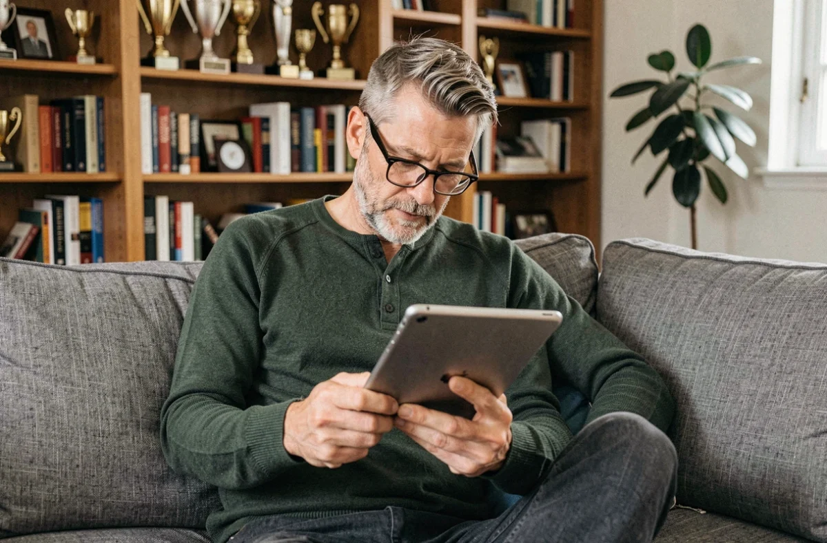 Homme mature parcourant les dernières actualités sportives sur une tablette depuis son salon