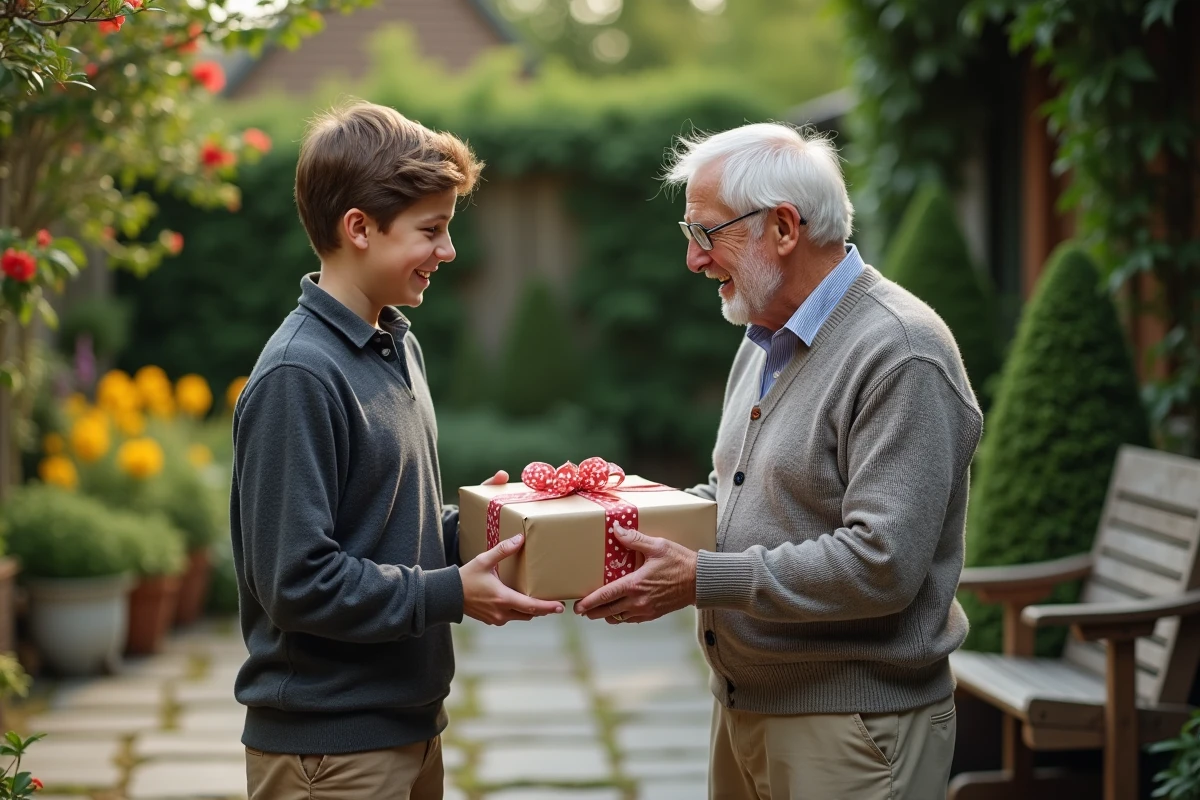 Homme âgé offrant un cadeau à un adolescent dans un jardin