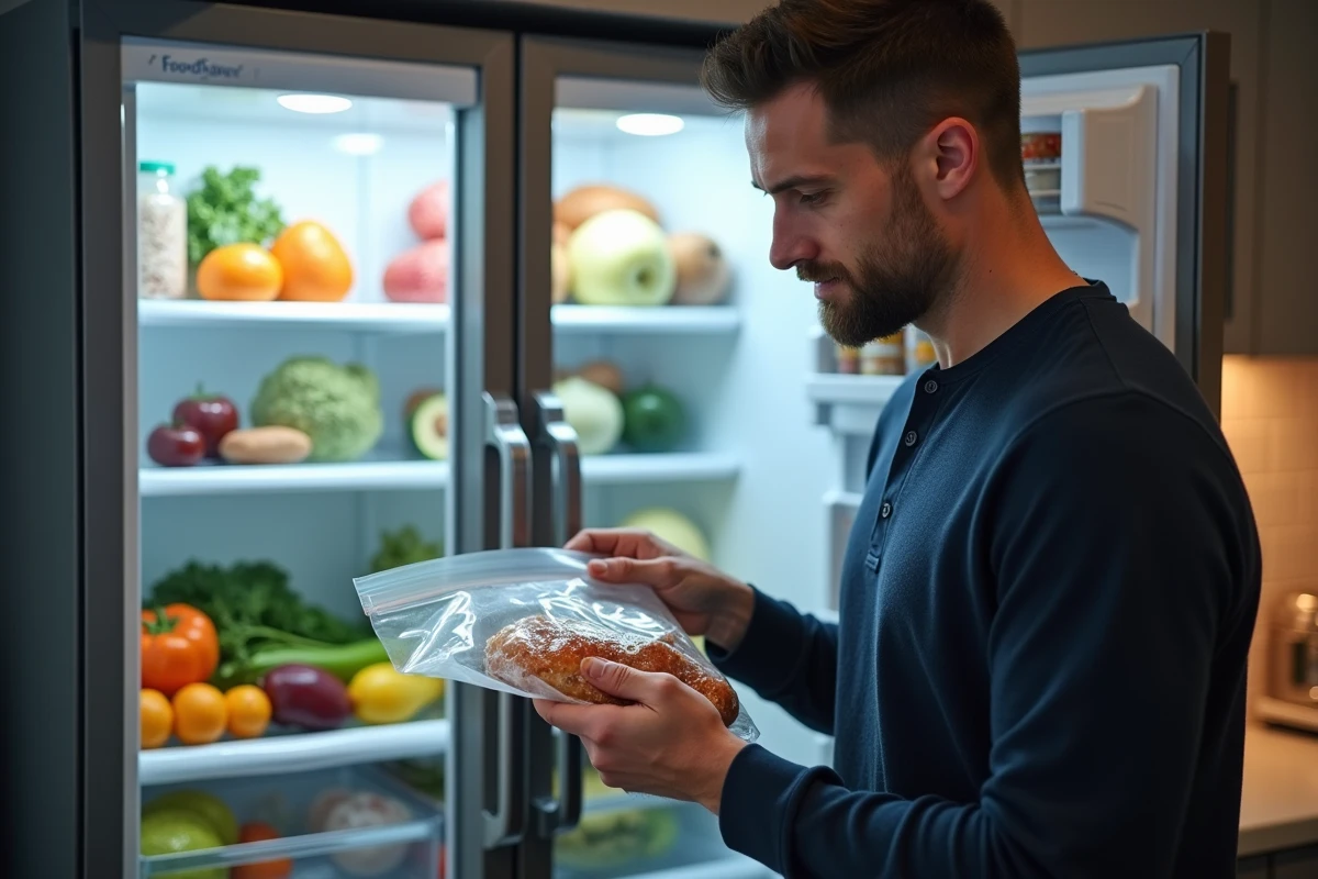 Homme rangeant des aliments sous vide FoodSaver V2860 dans un réfrigérateur bien organisé lors d'une séance de meal prep