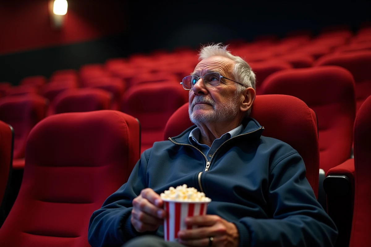 Un homme âgé assis dans un fauteuil de cinéma tenant son billet à tarif senior et du popcorn avant la séance
