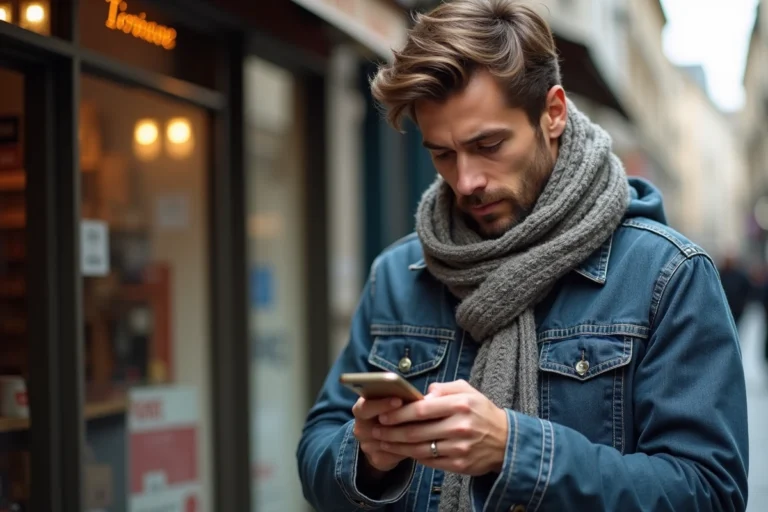 Homme concentré sur son smartphone dans une rue parisienne