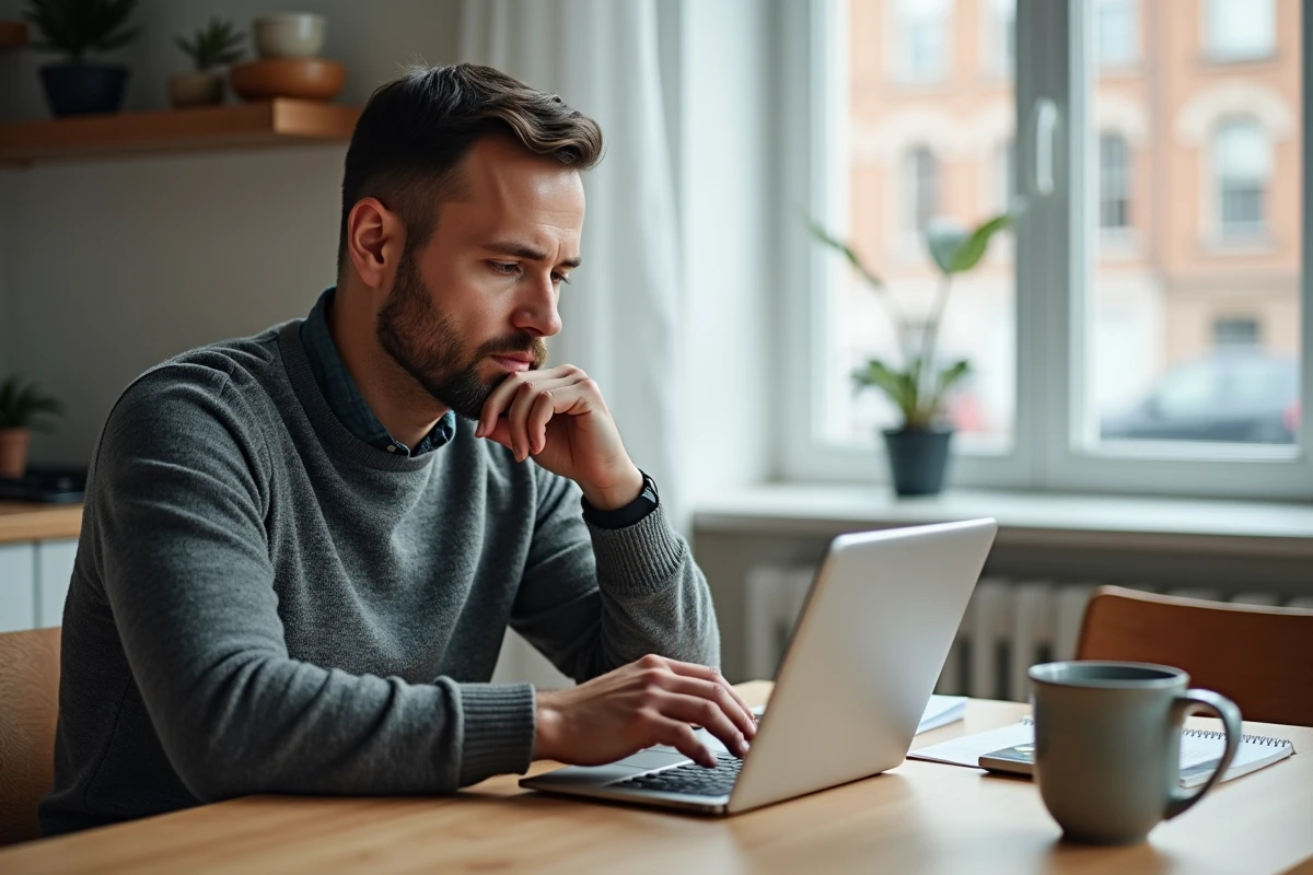 Homme consultant une plateforme de conseils financiers Adivak sur une tablette à domicile