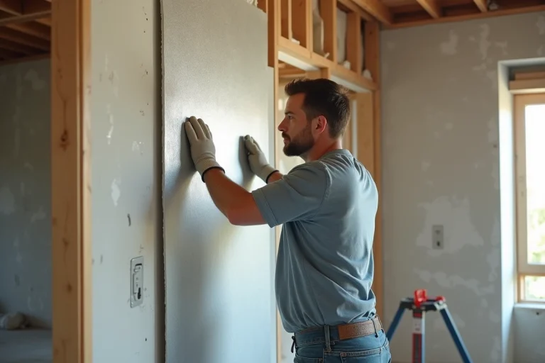 Hommes installant une isolation thermique intérieure dans une maison