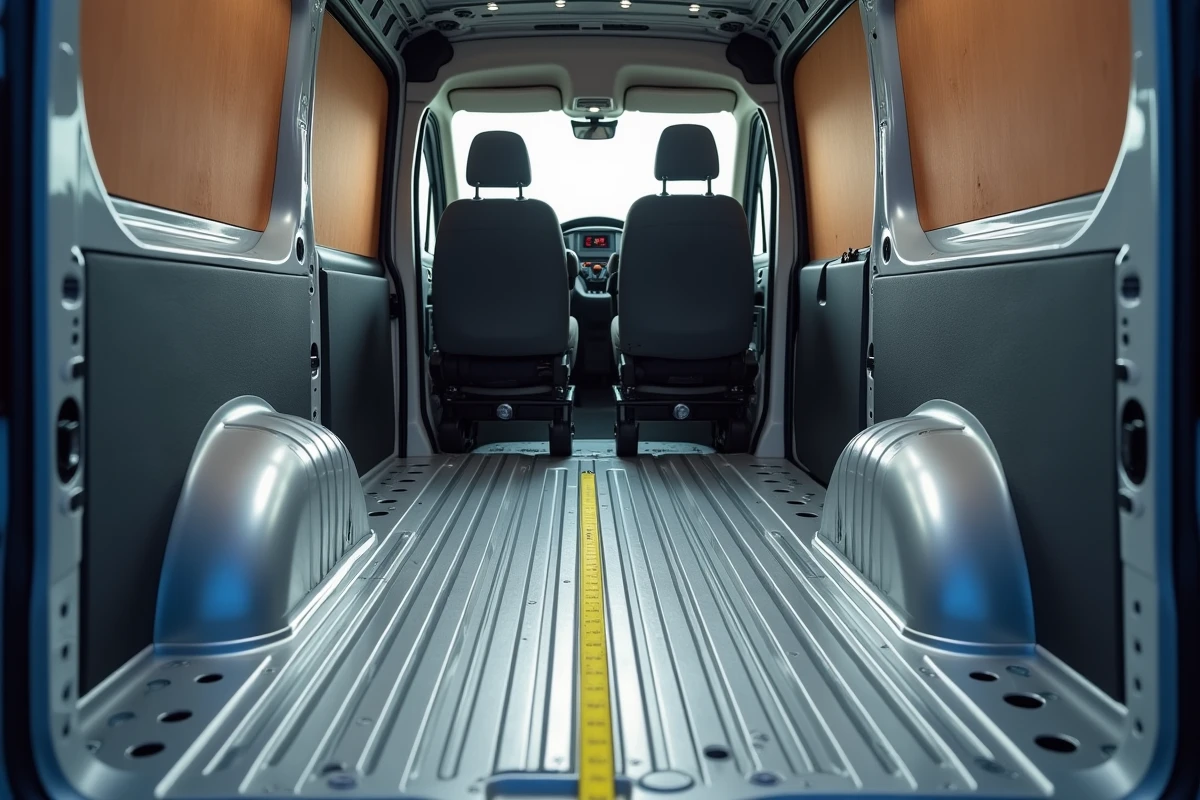 Intérieur du volume de chargement d'un Renault Trafic L2H1 avec mètre ruban montrant la longueur utile du plancher
