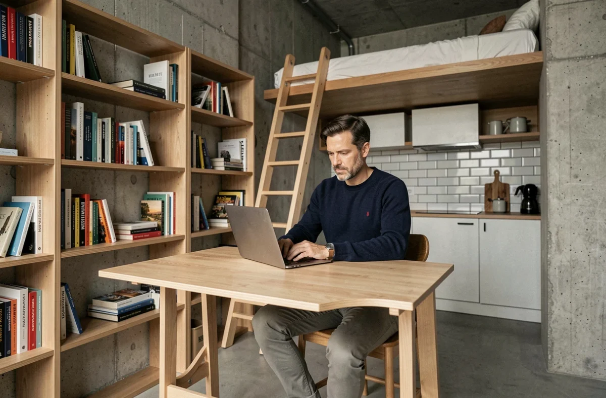 Homme travaillant dans un micro-appartement minimaliste avec aménagement optimisé en milieu urbain