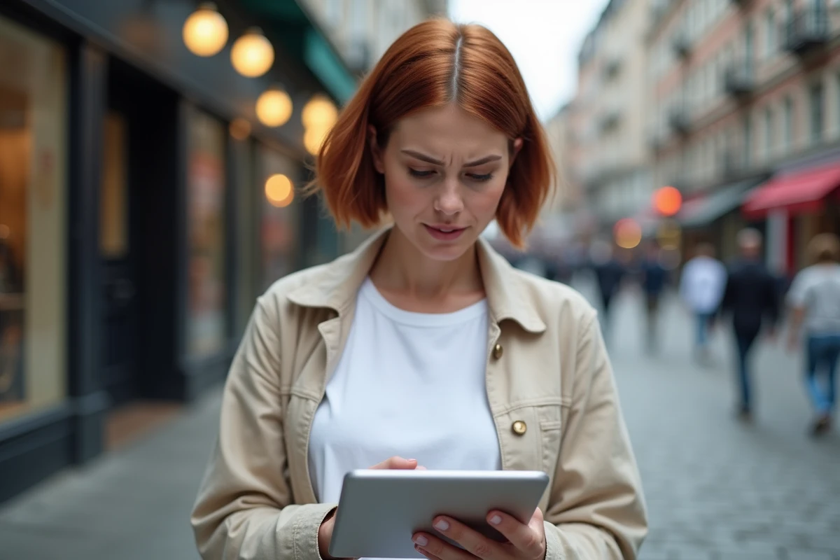 Jeune femme dans la rue consultant une erreur de localisation sur l'application Gozmap depuis une tablette