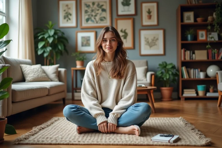 Jeune femme assise dans un salon chaleureux et moderne