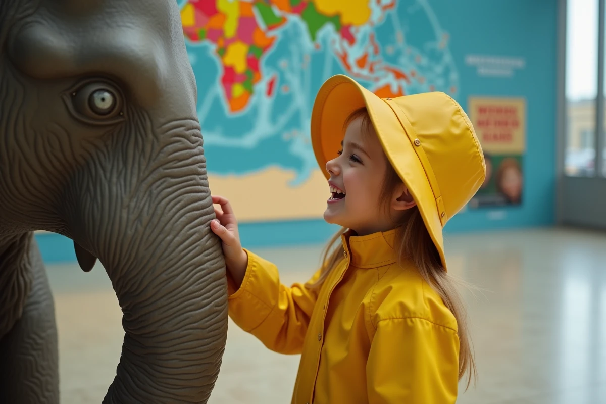 Jeune fille riant en touchant une sculpture de Babar