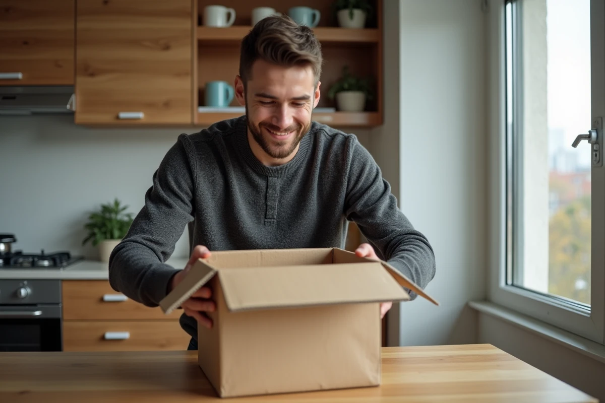 Jeune homme déballant un colis dans sa cuisine