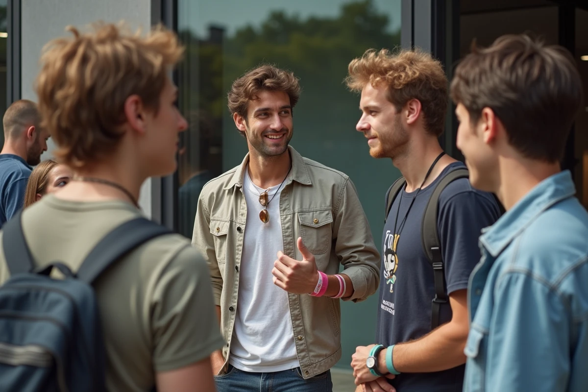 Groupe de jeunes discutant devant une galerie d