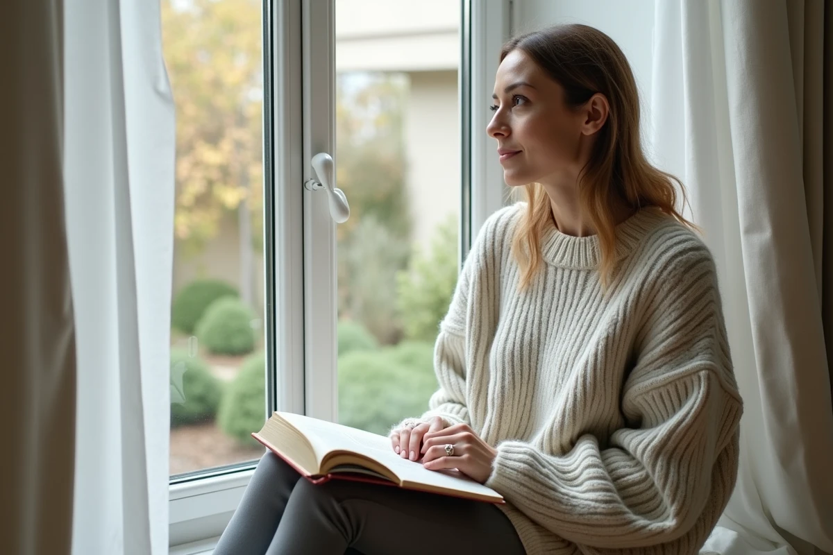 Femme journaliste mariée lisant près d'une fenêtre chez elle, alliance visible, atmosphère intime et protégée