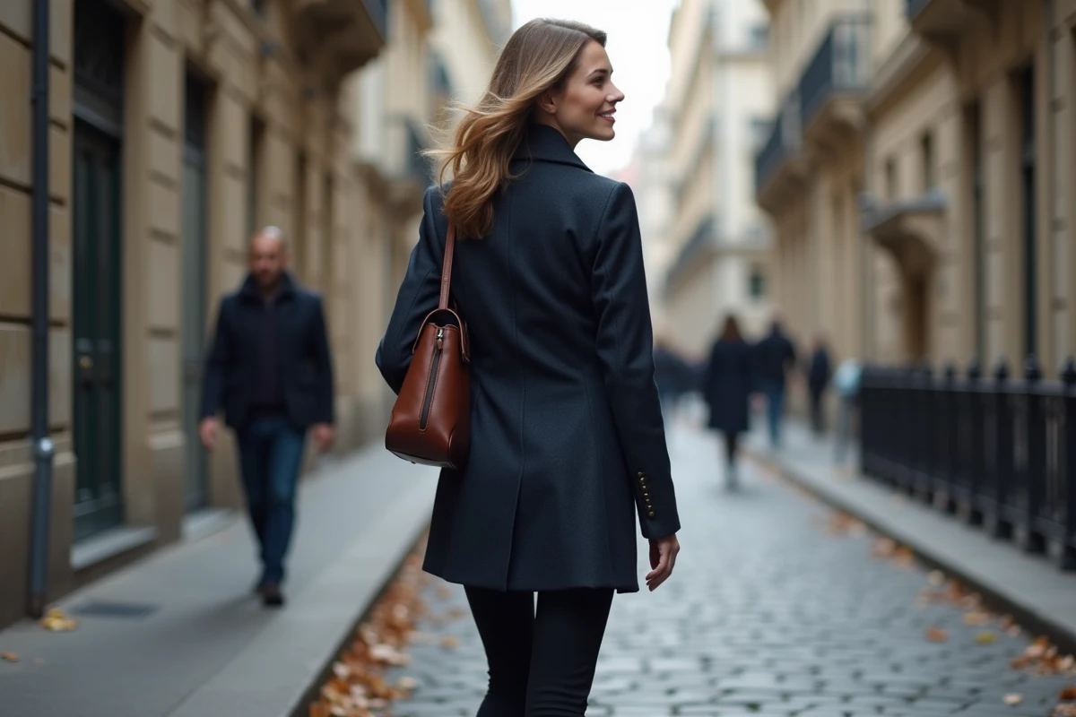 Femme journaliste marchant dans une rue pavée européenne, allure discrète et élégante, préservant son espace privé