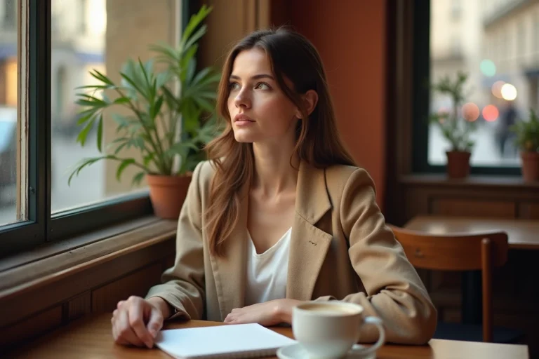 Journaliste femme assise dans un café parisien, protégeant son intimité après son mariage, regard discret vers la fenêtre