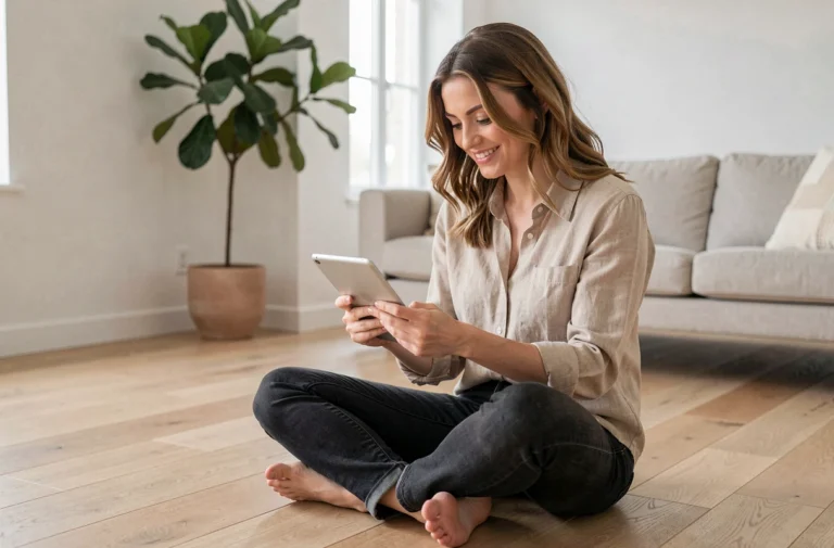 Maman moderne assise sur le sol en bois dans un salon scandinave, souriante en consultant une tablette numérique