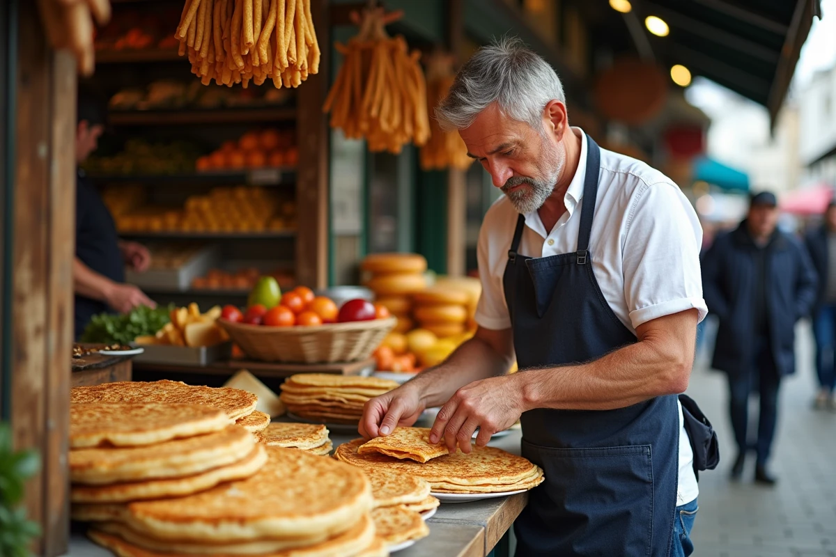 Étal de produits bretons typiques au marché des Halles Saint-François de Quimper avec galettes et fromages locaux