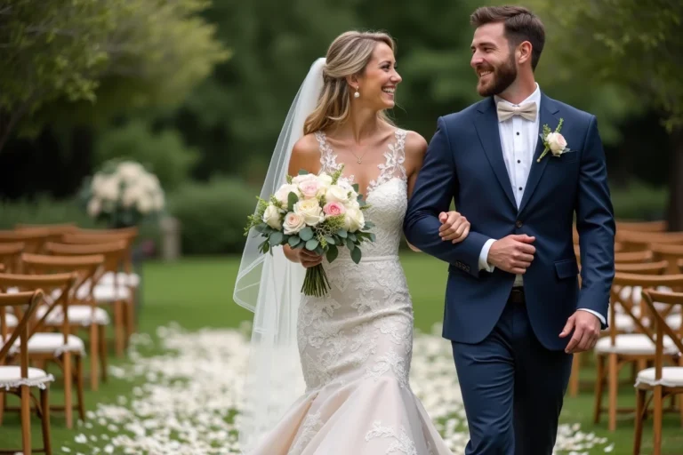 Jeune couple de mariés riant dans un jardin lors de leur mariage