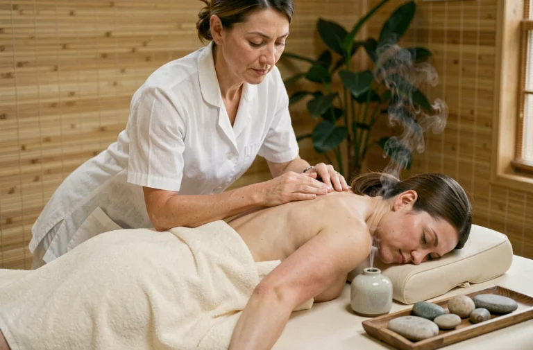 Masseuse professionnelle réalisant un massage bien-être sur le dos d'une femme dans un salon de spa chaleureux