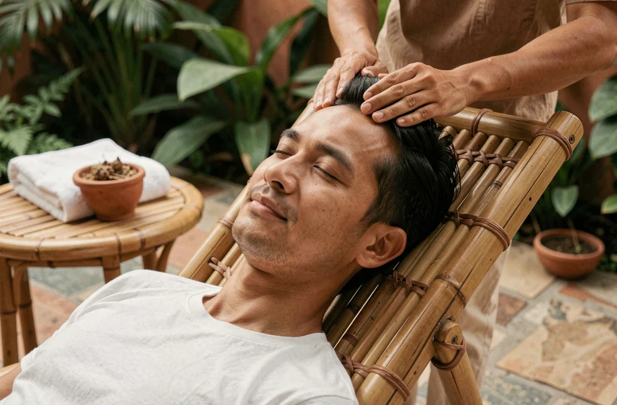 Homme recevant un massage crânien relaxant en plein air sur une terrasse bien-être entourée de verdure