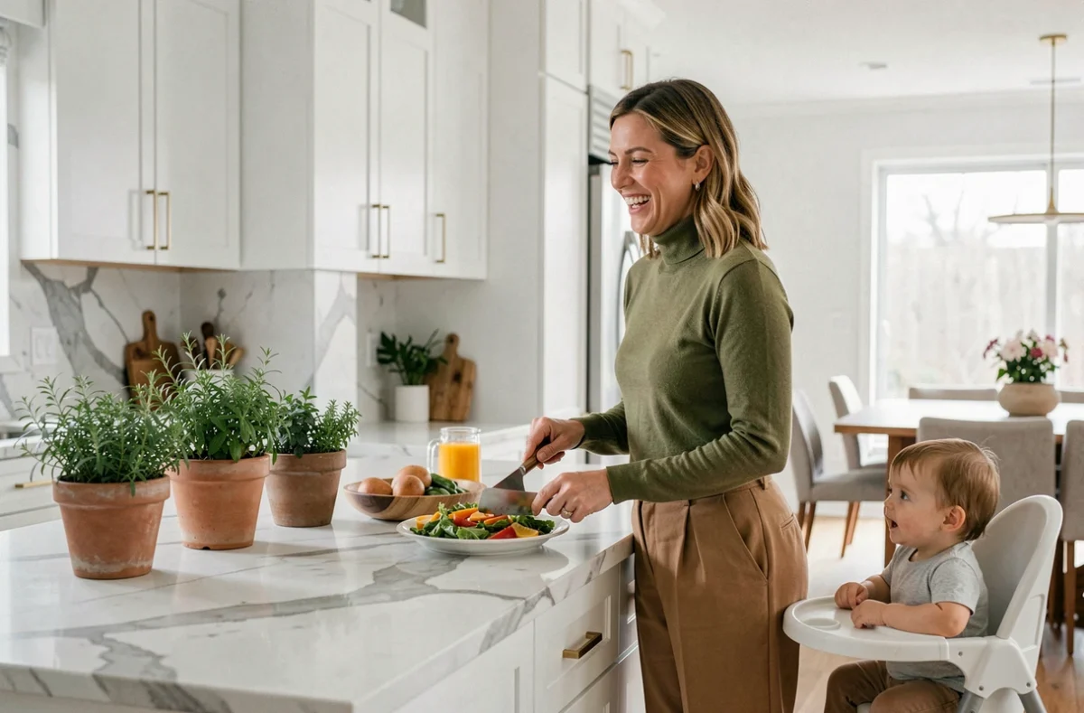 Mère moderne préparant un repas sain dans une cuisine contemporaine en marbre, avec son enfant en bas âge assis à proximité