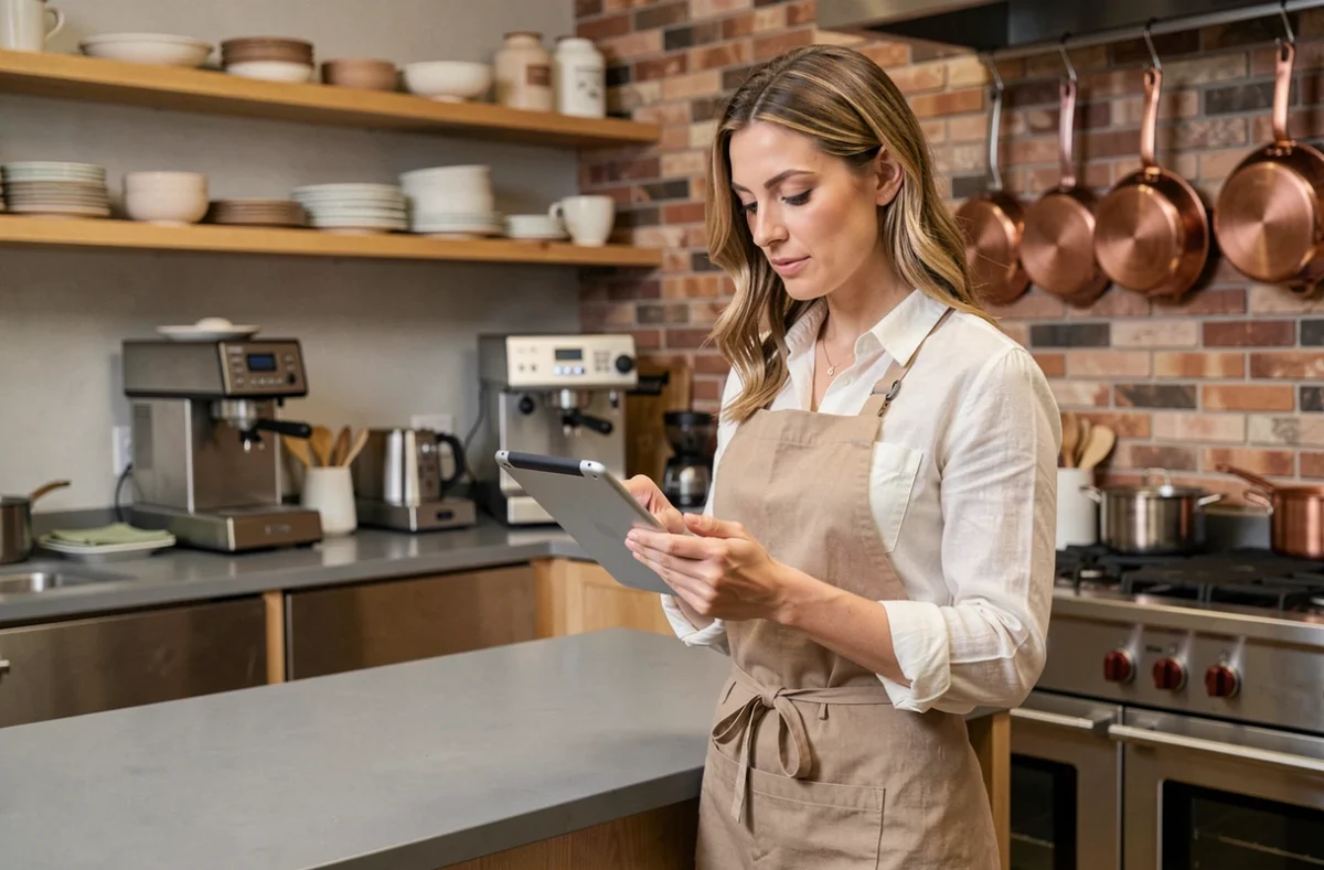 Cheffe cuisinière consultant une tablette dans une cuisine professionnelle moderne, représentation de la transformation des métiers féminins de la restauration