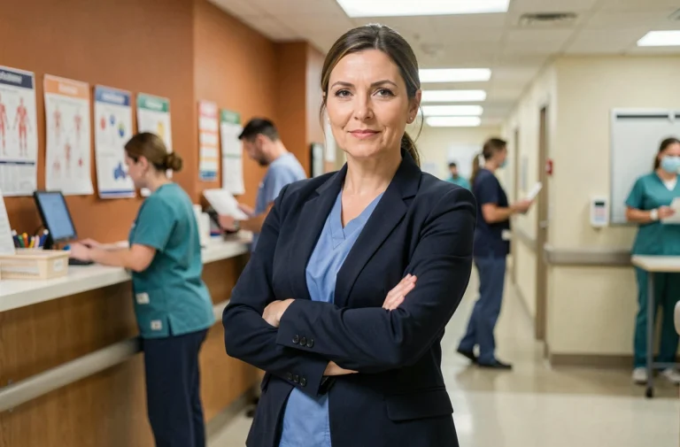 Infirmière en blazer moderne dans un couloir d'hôpital, symbolisant le renouveau des métiers du soin à l'horizon 2026