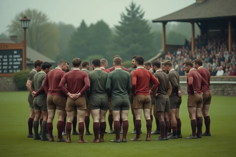 Joueurs de rugby en maillots vintage se reposant durant la mi-temps sur un terrain historique, ambiance début XXe siècle