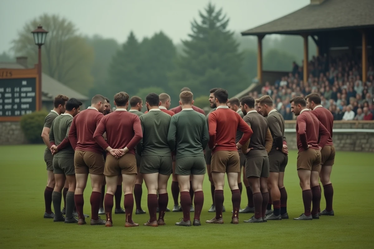 Joueurs de rugby en maillots vintage se reposant durant la mi-temps sur un terrain historique, ambiance début XXe siècle