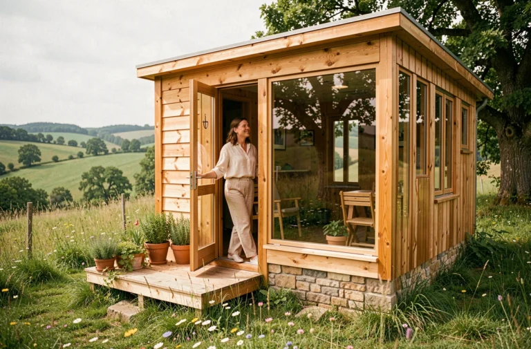 Femme sortant d'un micro-habitat en bois dans la campagne française entouré de verdure