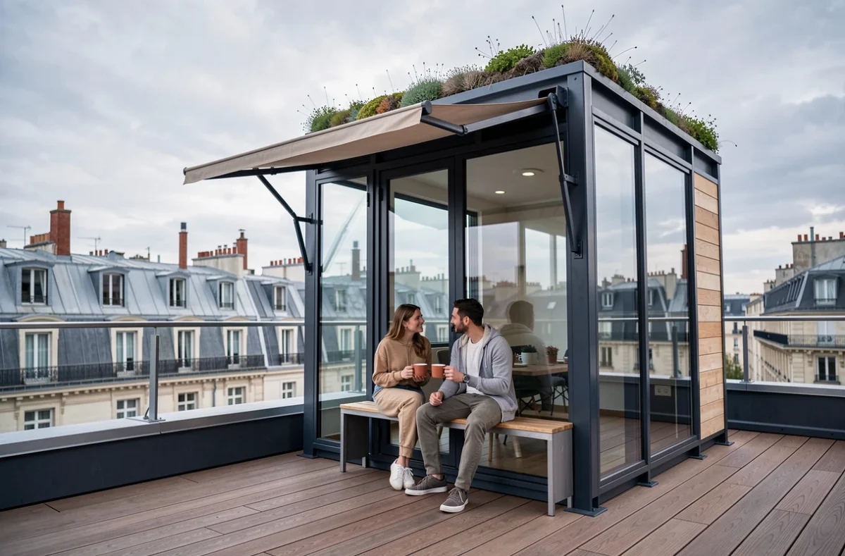 Couple savourant un café sur la terrasse d'un micro-studio préfabriqué sur les toits de Paris
