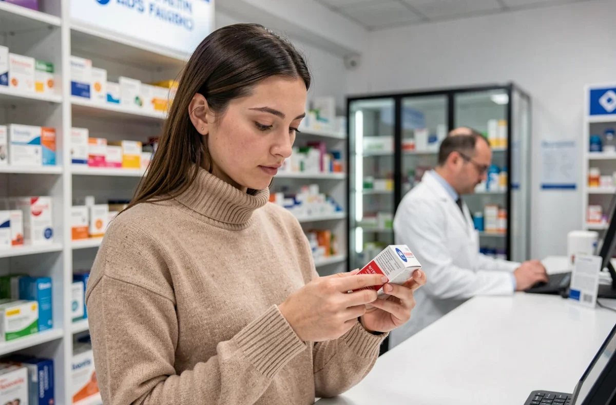Jeune femme en pharmacie lisant la boîte d'un médicament, illustrant les conseils de traitement pour les maladies courantes
