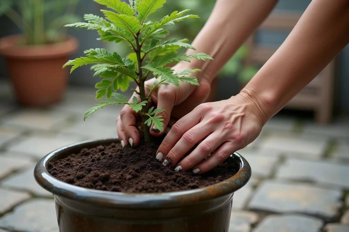 Mains en train de planter un jeune albizia en pot sur une terrasse urbaine en pierre