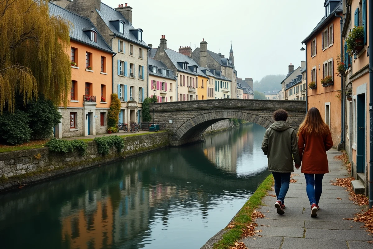 Promenade en couple sur les quais de l'Odet à Quimper avec les maisons à colombages médiévales en arrière-plan