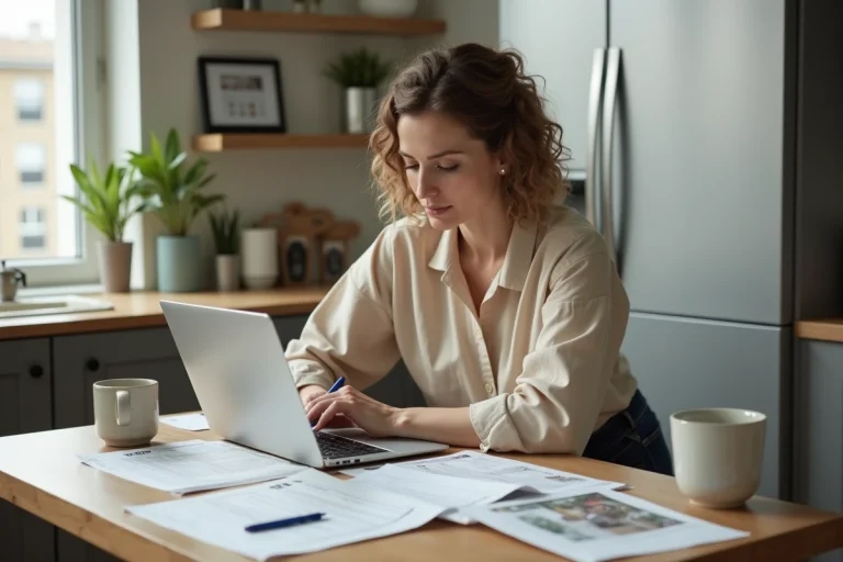 Femme recherchant un bien immobilier sur ordinateur portable avec des annonces imprimées sur une table en bois