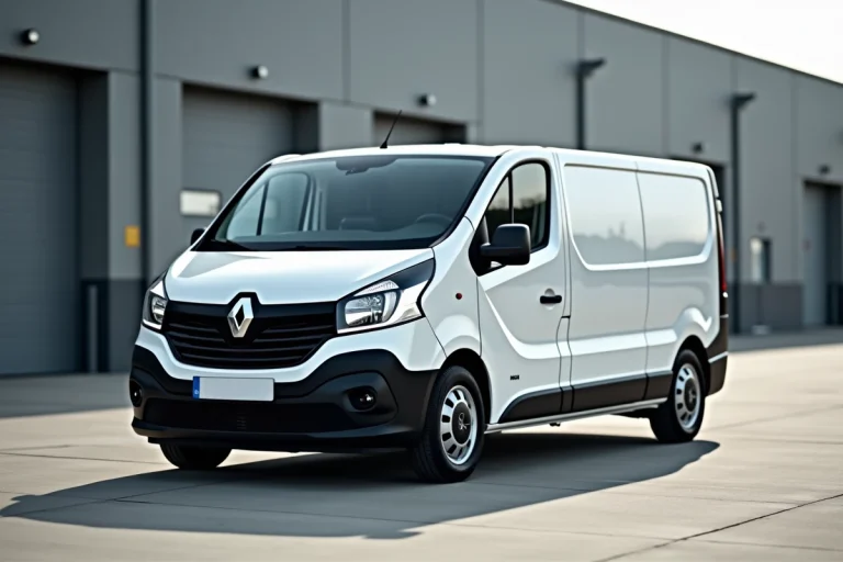 Renault Trafic L2H1 blanc vu de trois quarts avant dans un environnement industriel, mettant en valeur ses dimensions extérieures