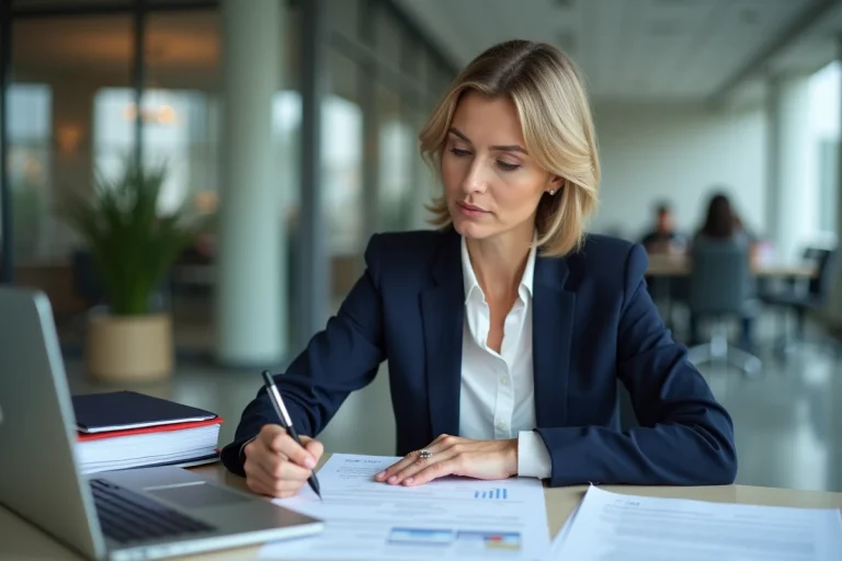 Responsable RH analysant des documents de déclaration du personnel dans un bureau moderne