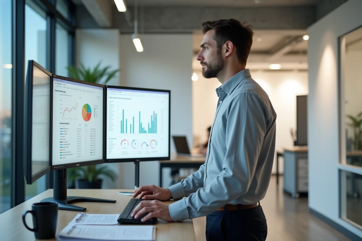Spécialiste RH utilisant un logiciel de gestion du personnel sur double écran en entreprise