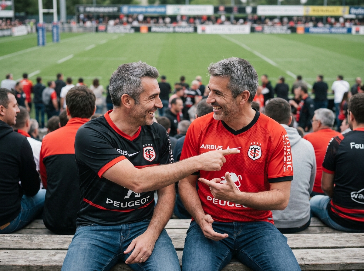 Deux supporters du Stade Toulousain en maillot officiel discutant dans une fan zone au bord du terrain