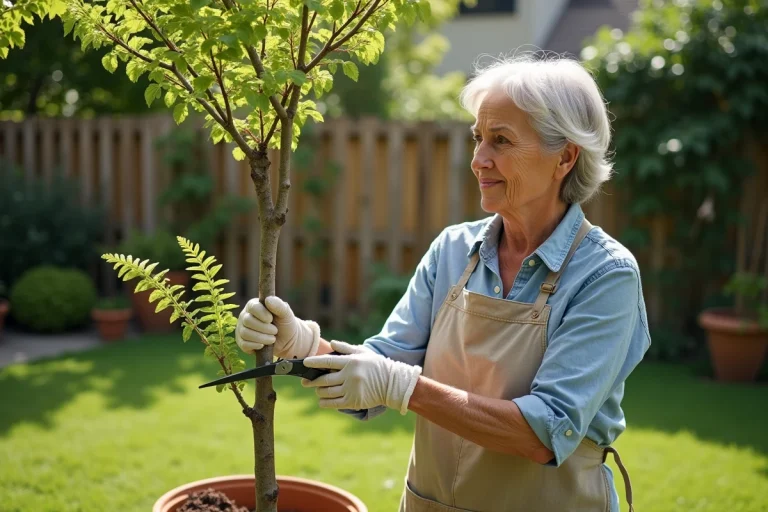Femme jardinière taillant un jeune albizia dans un jardin résidentiel ensoleillé