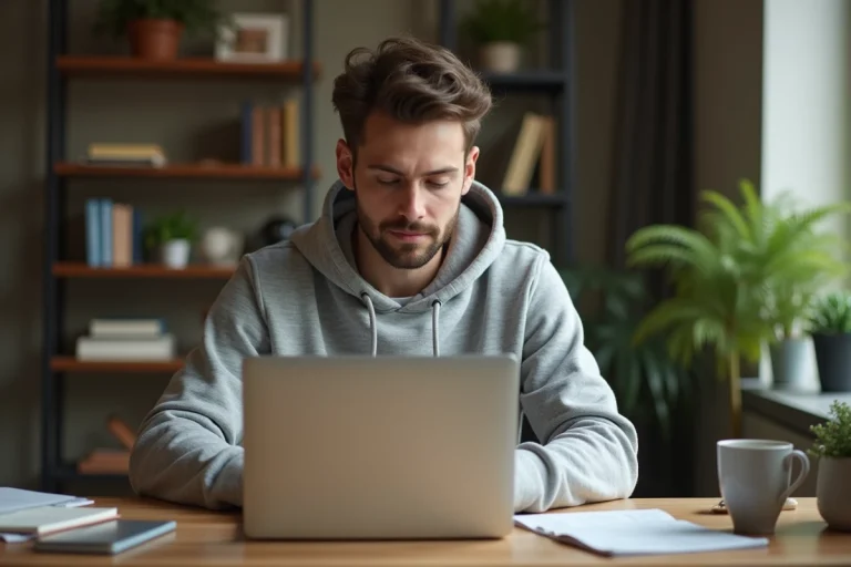 Jeune homme naviguant sur un site de téléchargement de torrents depuis son bureau à domicile