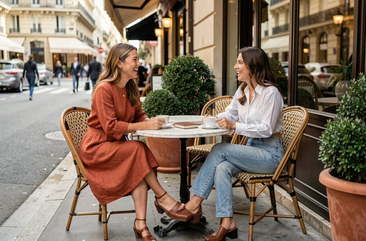 Deux femmes aux styles contrastés assises en terrasse de café parisien, astuces et inspirations mode printemps-été 2024