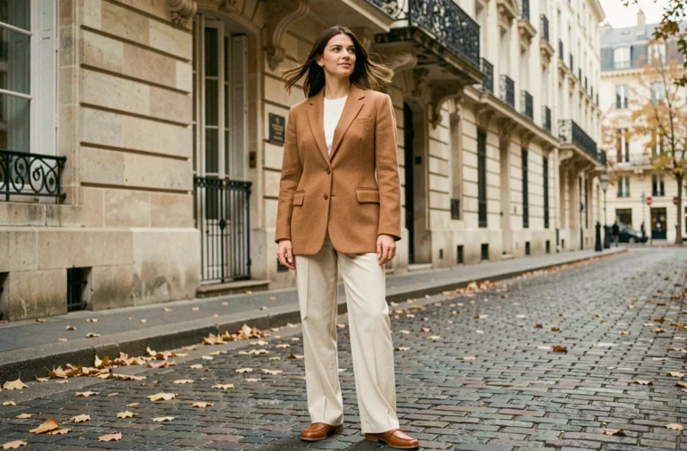 Femme élégante en blazer camel et pantalon large crème dans une rue pavée parisienne, tendances mode automne 2024