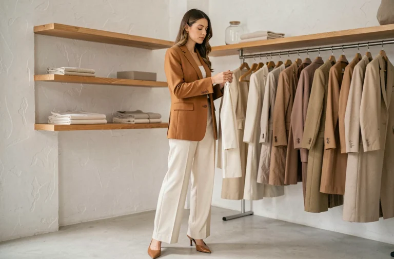 Femme élégante en blazer oversize camel et pantalon large ivoire dans une boutique de mode minimaliste
