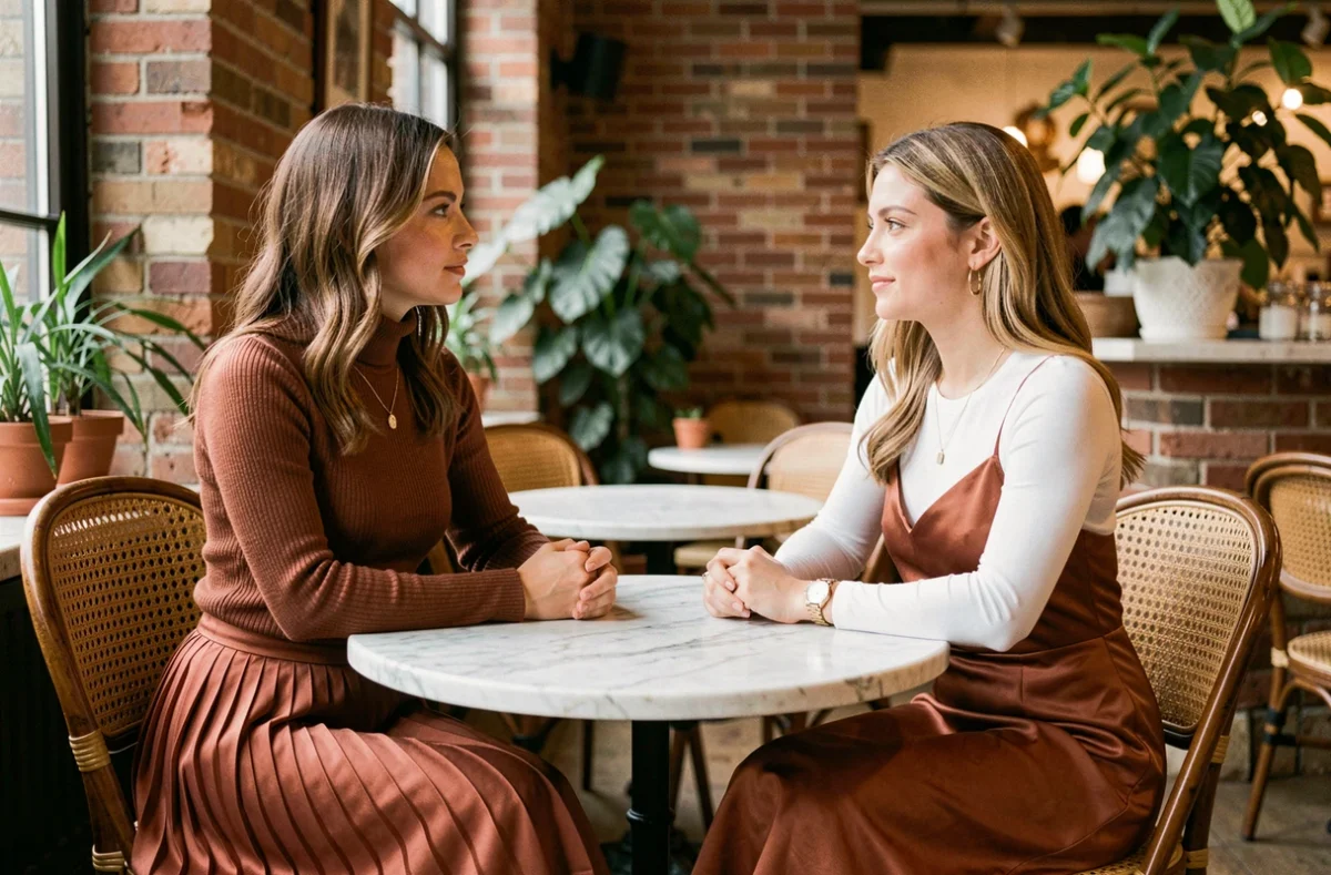 Deux femmes en tenues automnales superposées assises dans un café vintage avec murs en briques et mobilier en rotin