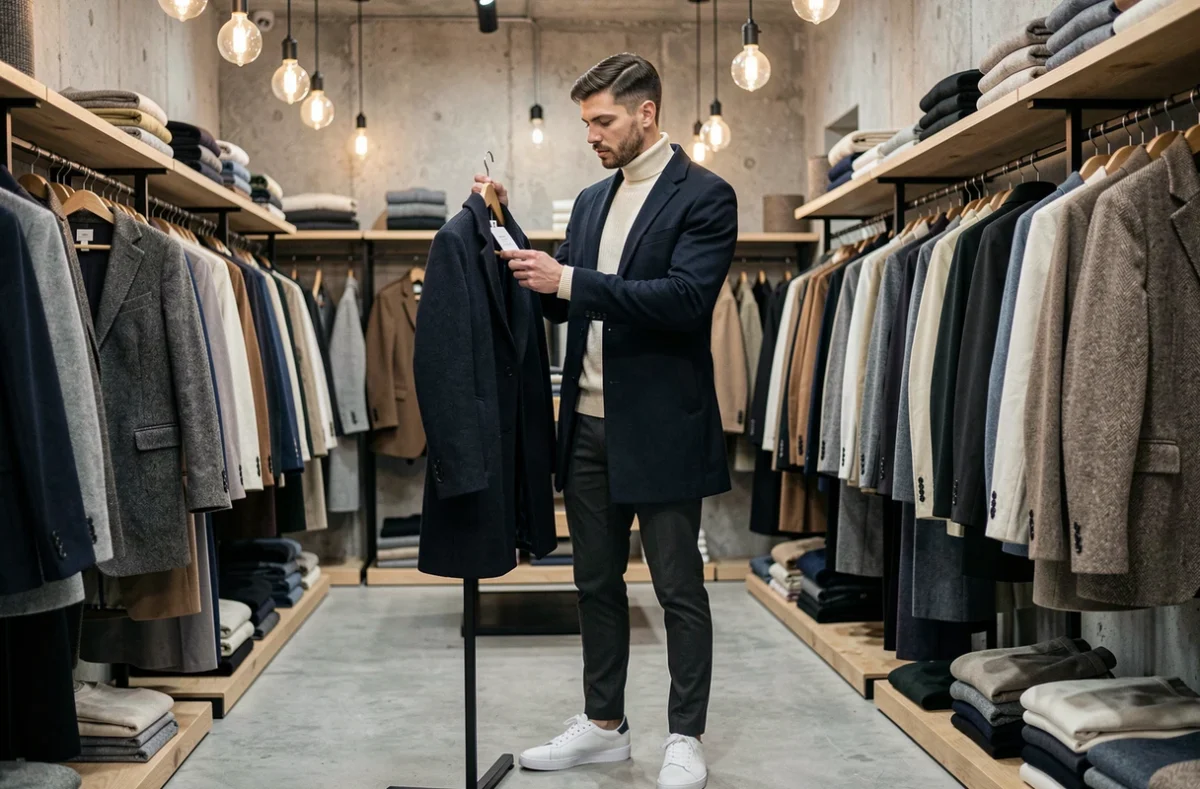 Homme stylé en manteau marine et col roulé écru dans un concept store moderne, inspirations mode masculine 2024