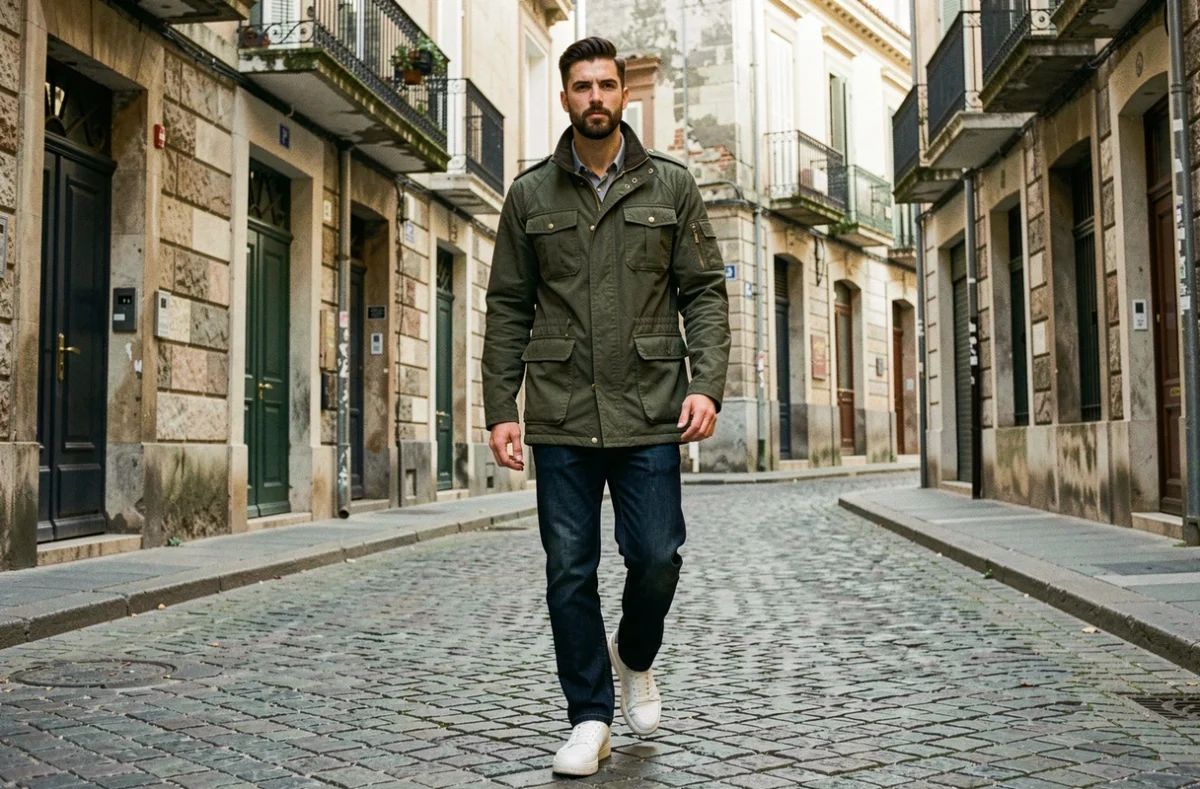 Homme en veste utilitaire olive et jean droit marchant dans une rue pavée européenne avec façades en pierre